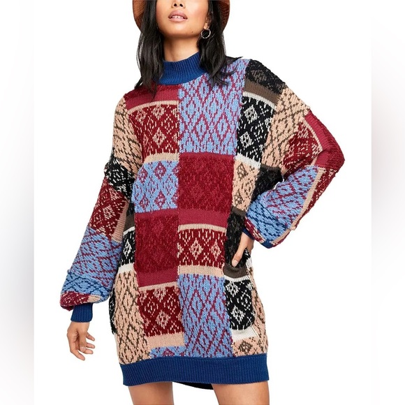 NWT Free People Argyle Patched Blue Red Sweater Dress size M/L - Picture 1 of 10